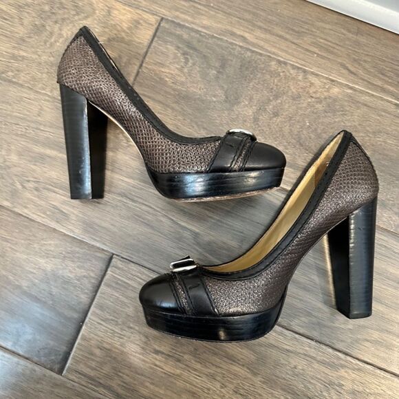 Coach Black & Brown Subtle Reptile Print Platform Almond Toe Heels - Size 7 EUC - Picture 6 of 8